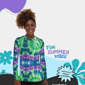 Electric Groove Tie-Dye Women’s Rash Guard – Long-Sleeve UPF 50+ Swim Shirt – Retro Swirl Surf Top for Beach, Pool & Water Sports