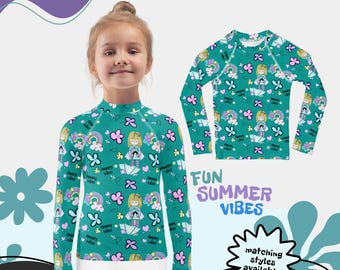 Camisa de praia de manga comprida para meninas pequenas - Camisa de natação com proteção solar FPS 50+ para adolescentes - Roupa de banho combinando para mãe e eu, flores fofas