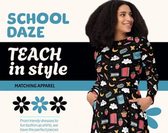 Vestido de regreso a clases para maestras, damas, mujeres y adolescentes - Vestido midi con garabatos escolares de Hearts of Fun - Lectura, preescolar, jardín de infantes y primaria