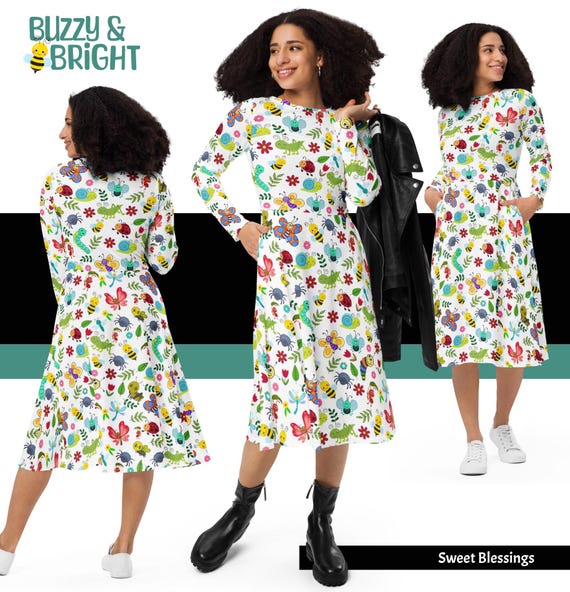 Whimsical Bug Dress for Elementary Science Teachers - Long Sleeve Insect Dress Fun Teaching Fashion Kindergarten Preschool Classroom Whimsical Bug Dress for Elementary Science Teachers - Long Sleeve Insect Dress Fun Teaching Fashion Kindergarten Preschool Classroom