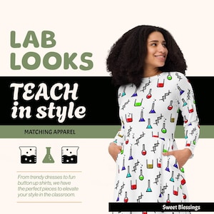 Science Teacher STEM Long Sleeve Midi Dress Ladies Teens – Science Beakers DNA Chemistry Labs -Back to School Teacher Dresses for Her