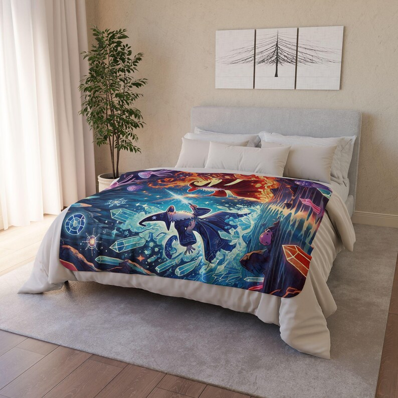 Cobertor Sherpa Infantil Mystical Wizard - Manta de lã com estampa de arte mágica e fantasia, fogo e gelo, presente de aniversário e Natal para meninos e adolescentes, decoração de quarto 50" × 60"
