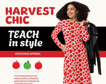 Back to School Teacher Dresses Ladies Women Teens - Red Apples Festival Dress -Reading Math Science Preschool Kindergarten Elementary School