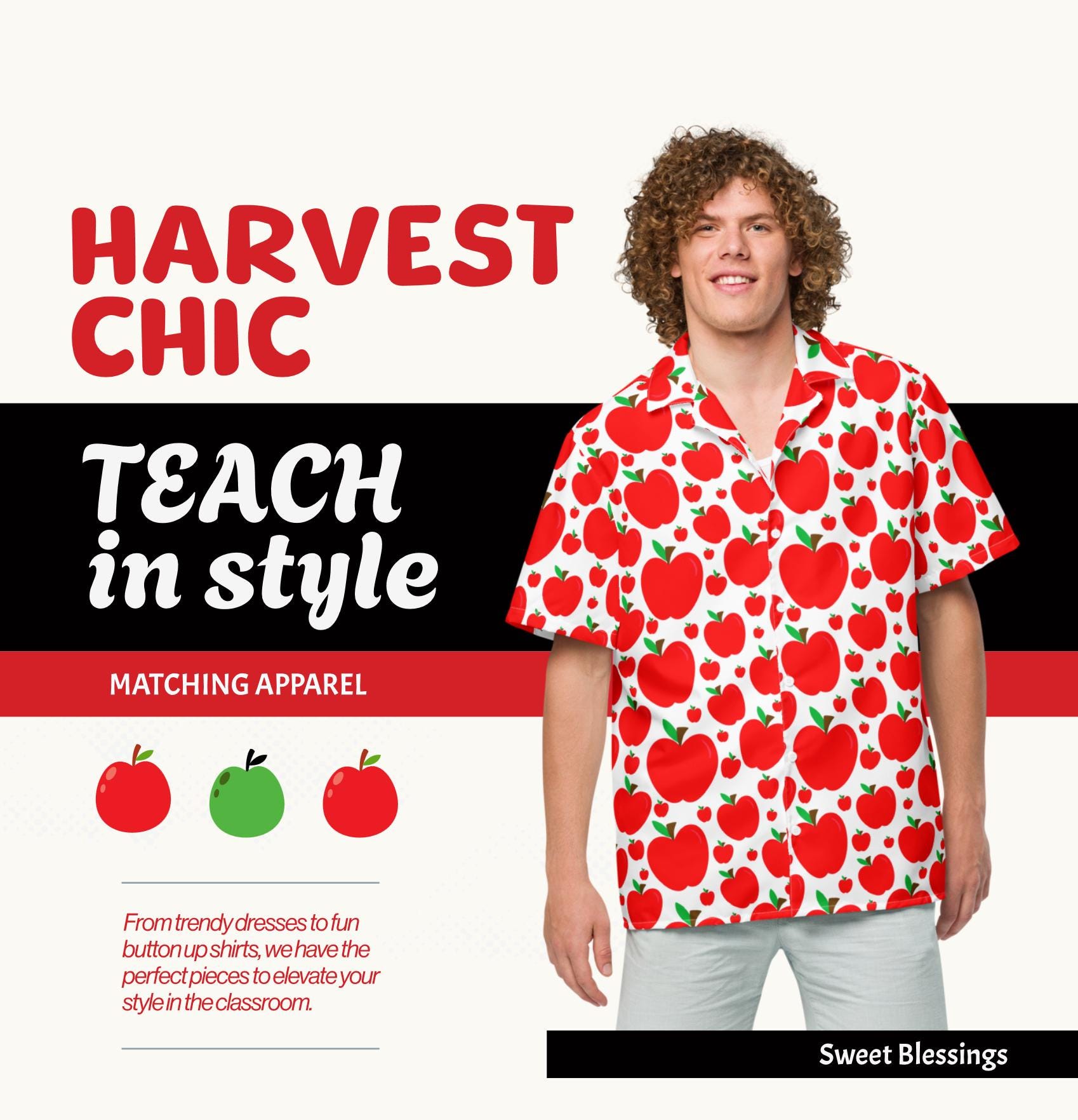 Back to School Button up Shirt Male Teacher - Red Apples Festival