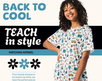 Back to School Teacher T-Shirt Dress Ladies Women Teens - Elementary Preschool Kindergarten Dresses for Teachers - Fun Aqua Bus Pattern
