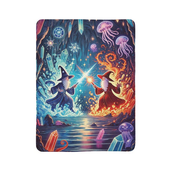 Mystical Wizard Kids Sherpa Blanket - Magical Fantasy Art Graphic Fire Ice Fleece Throw Birthday Christmas Gift for Boys Teens Room Decor
