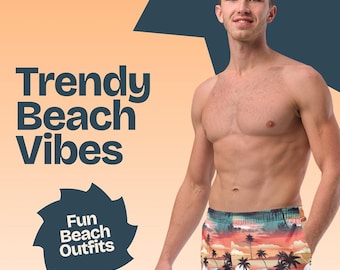 May include: A man wearing colorful swim trunks with a palm tree and sunset print. The text "Matching Couple Outfits" is at the top of the image. The text "Swimwear for Him" is at the top left of the image. The text "Trendy Beach Vibes" is in the middle left of the image. The text "Fun Beach Outfits" is in a circle at the bottom left of the image. The text "Sweet Blessings" is at the bottom left of the image.