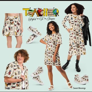 K&ouml;nnte beinhalten: Ein Set aus Kleidung und Schuhen mit einem Vintage-Druck von Insekten und Schmetterlingen. Das Set beinhaltet einen Rock, ein Kleid, ein Hemd und drei Paar Schuhe. Der Druck ist auf cremefarbenem Hintergrund mit roten, blauen und gr&uuml;nen Akzenten. Der Text "Styled To Inspire" ist auf dem Bild zu sehen.