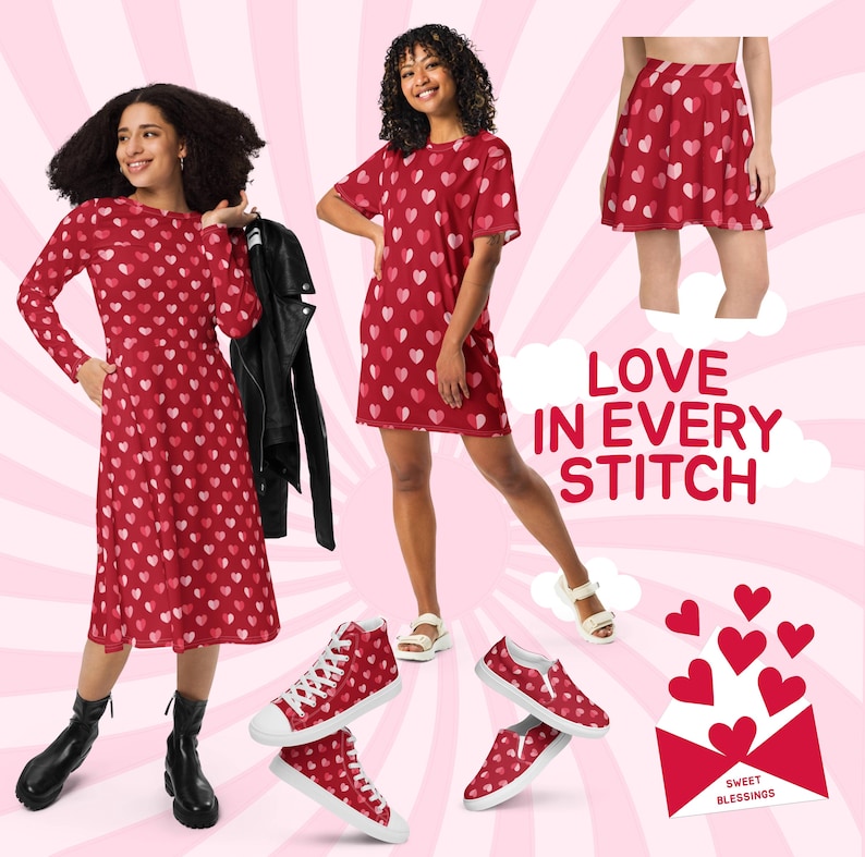 K&ouml;nnte beinhalten: Zwei rote Kleider mit Herzmuster, eines mit langen &Auml;rmeln und eines mit kurzen &Auml;rmeln, mit dem Text "Love in Every Stitch".