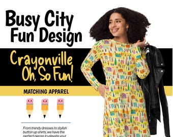 Crayonville Cityscape Midi-Length Dress Ladies Women Teens -  Fun Yellow School Dress - Preschool Kindergarten Elementary School Teachers
