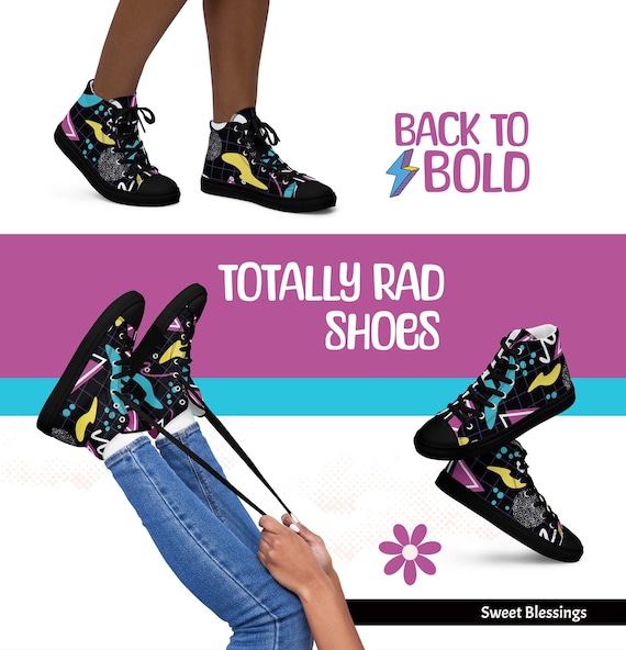 80s-inspired Neon High-top Canvas Shoes - Retro Black Grid  display picture 2