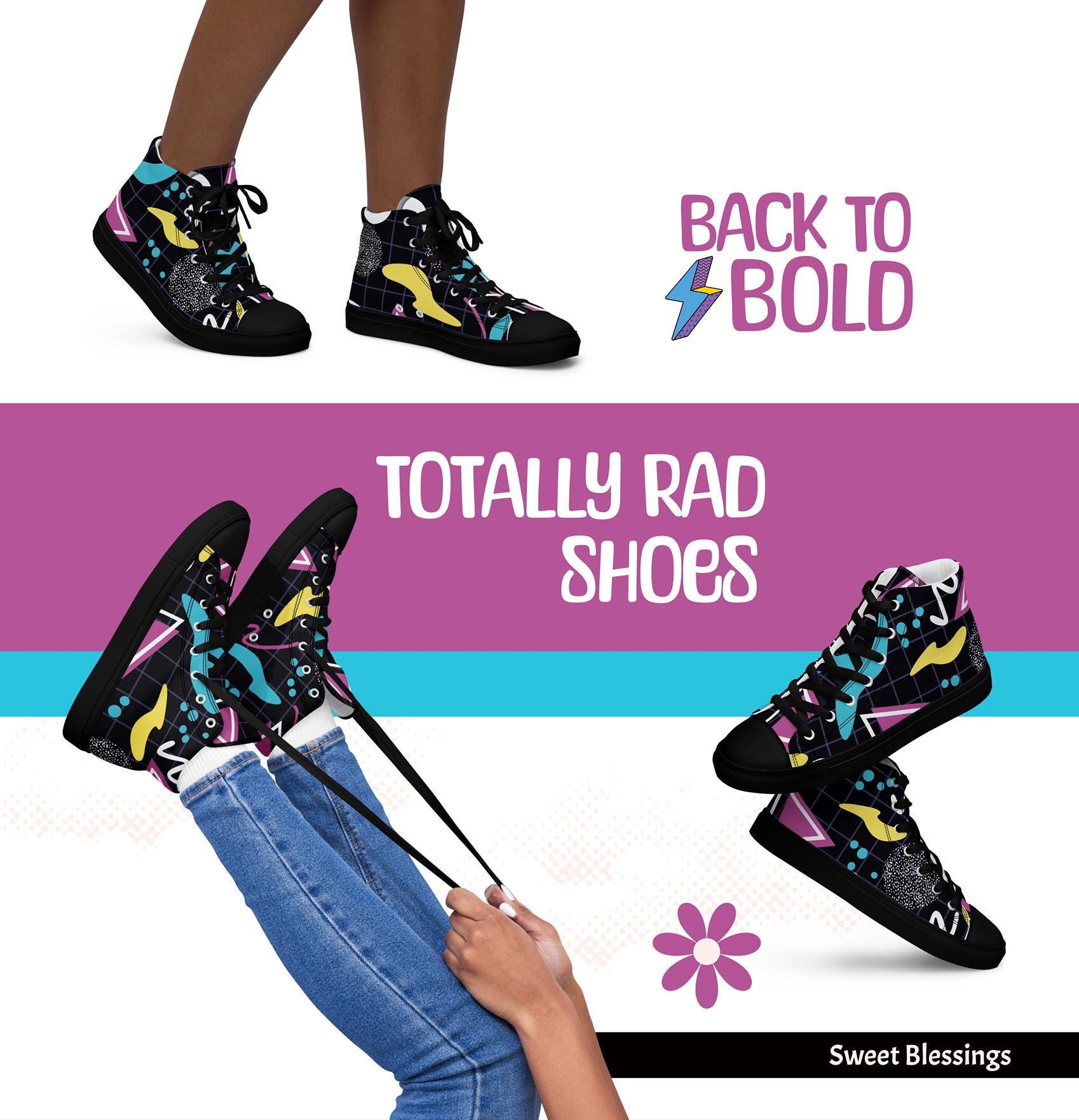 80s-inspired Neon High-top Canvas Shoes - Retro Black Grid Women's