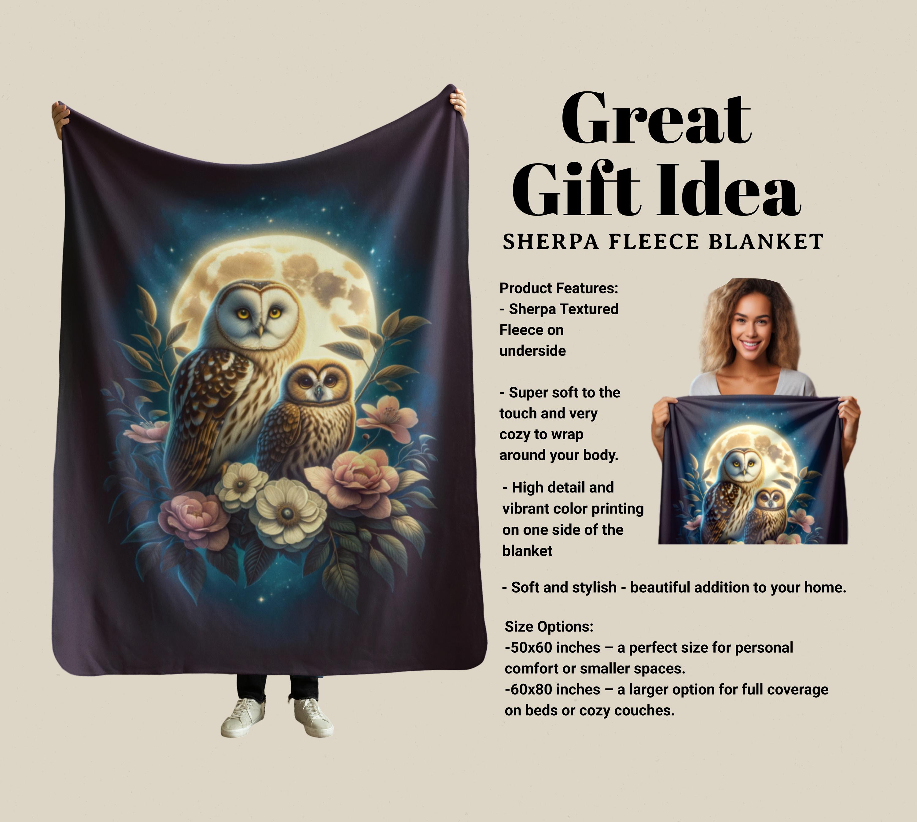 Beautiful Moonlit Owls Sherpa Fleece Blanket - Elegant Owls Flowers and Full Moon - Nature Inspired 