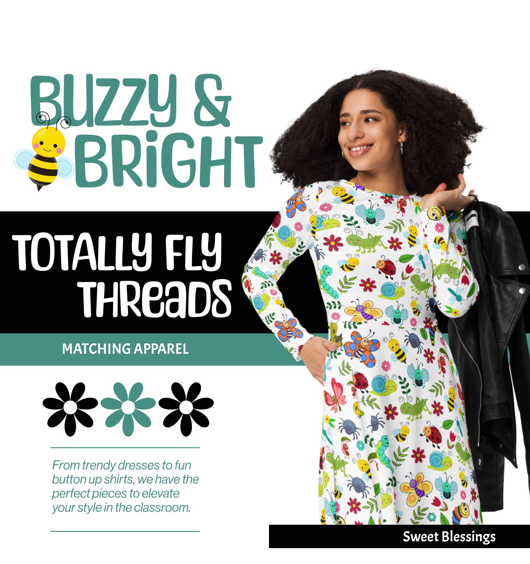 Whimsical Bug Dress for Elementary Science Teachers - Long Sleeve Insect Dress Fun Teaching Fashion Kindergarten Preschool Classroom