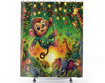 Kids Shower Curtain Jungle Monkey Adventure! Transform Bath Time Into Wild Jungle Escape - Perfect Gift for Boy Birthday or Son Room Decor