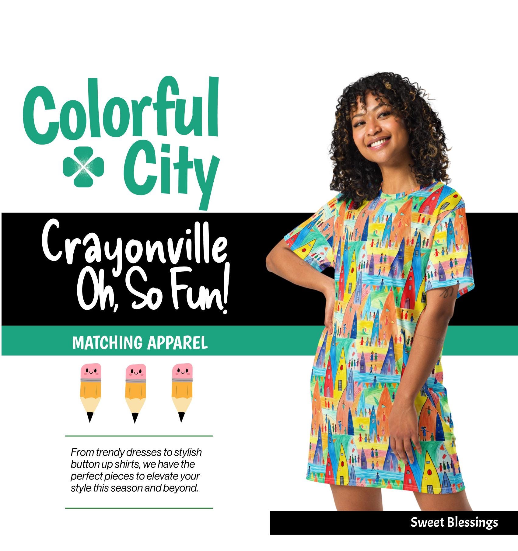 Playful School Teacher T-shirt Dress Women Teens Ladies – City Scape Crayon Art-Inspired Style - Back-to-School Perfect Casual T-Shirt Dress