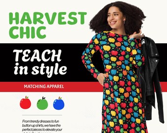 Back to School Teacher Dresses Ladies Women Teens -Apple Blossom Festival Dress - Primary Colors Math Science Kindergarten Elementary School