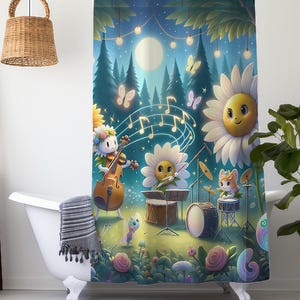 Enchanted Forest Fairytale Shower Curtain | Whimsical Musical Flowers Bugs Design | Magical Bathroom Decor for Kids Girls Spaces AirBnb Fun
