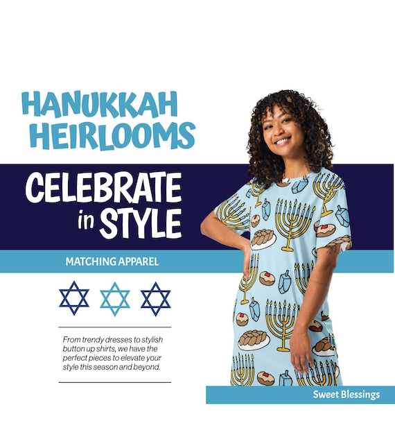 Hanukkah Celebration T-shirt Dress Women Ladies Teens Teachers – Blue Dress  With Menorah Dreidel Pattern – Festive Jewish Holiday Dress