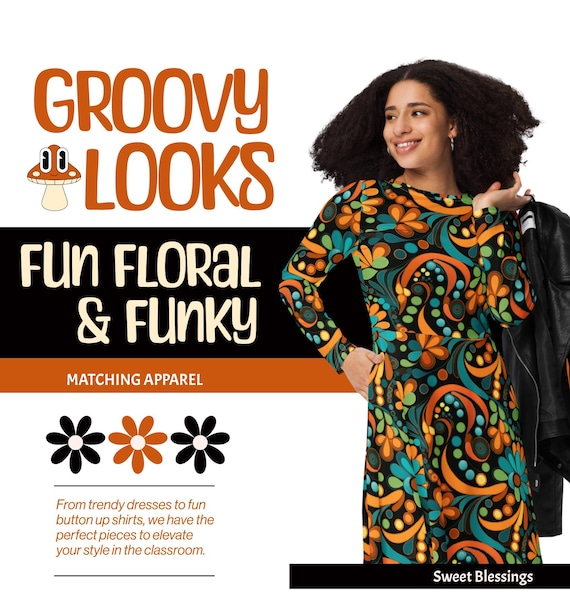 Retro Bloom Vibes Midi Dress with Pockets - Vintage 70s Style Long Sleeve Dress - Fun Boho Look for Women Teachers