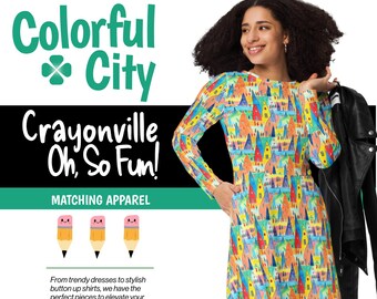 Crayonville Colorful City Midi-Length Dress Ladies Women Teens - Funky School Urban Dress -Preschool Kindergarten Elementary School Teachers
