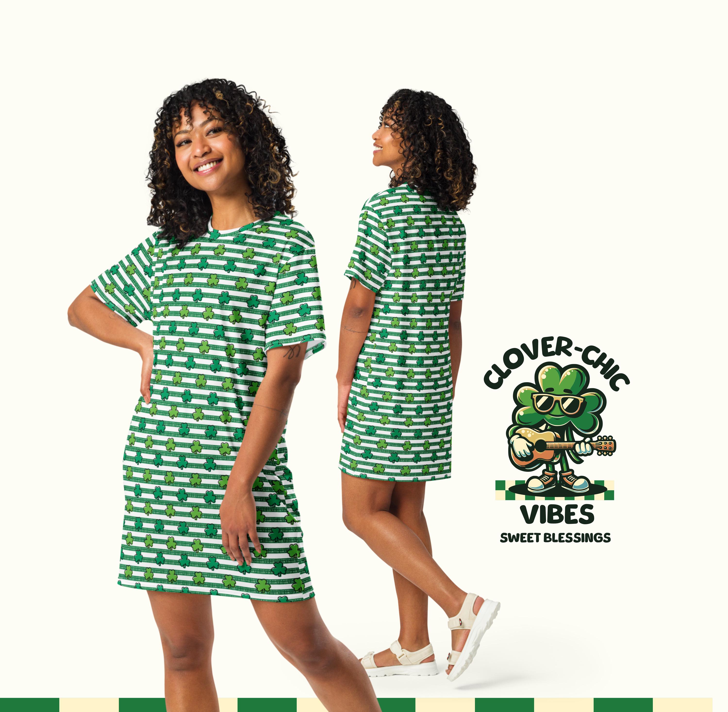 Lucky Clover Green Shamrocks T-Shirt Dress - Fun Luck of the Irish Teacher Dress for St Patricks Day Parades - Irish Restaurant Apparel