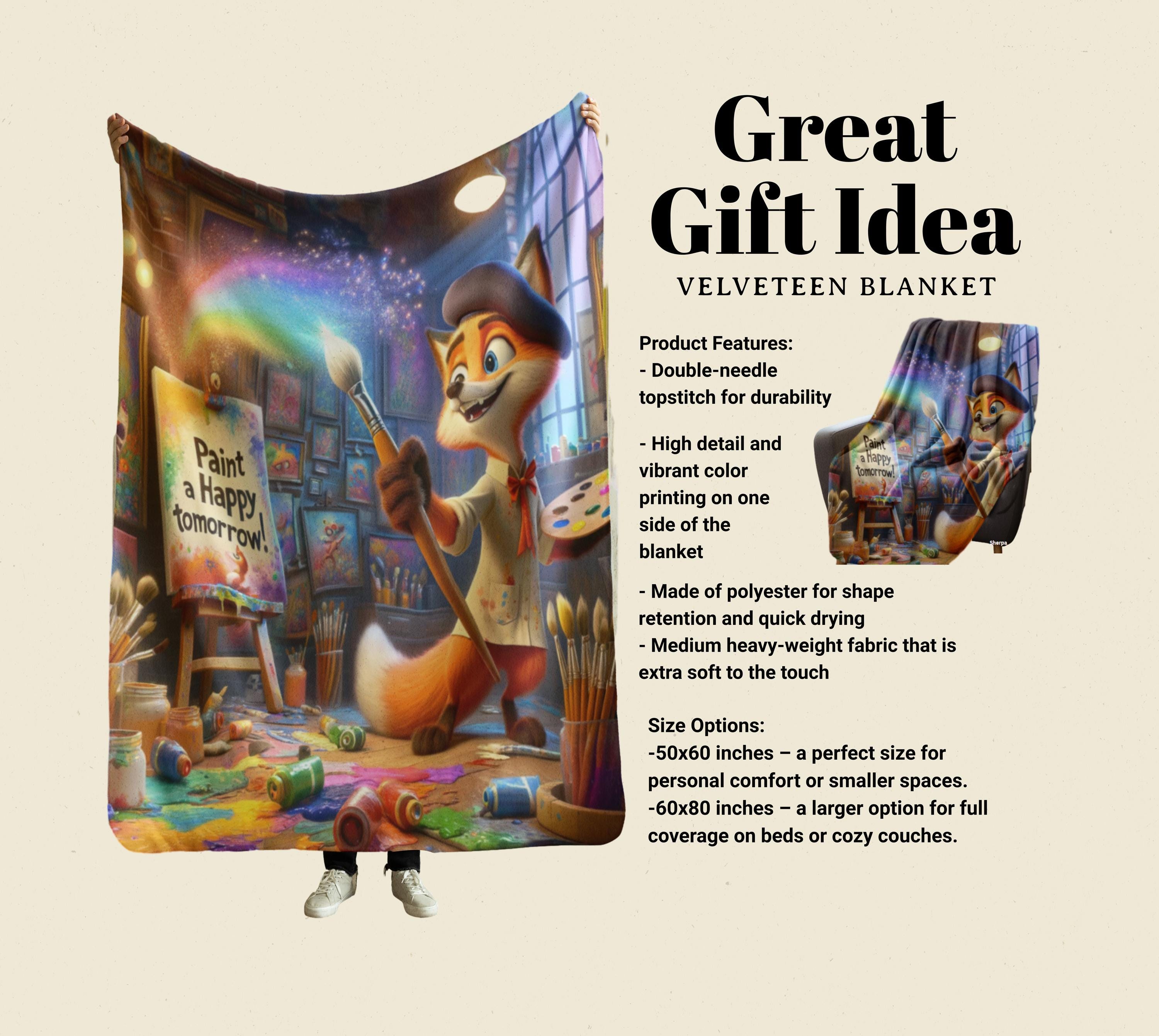 Colorful Cozy Velveteen Blanket for Kids - Whimsical Fox Artist