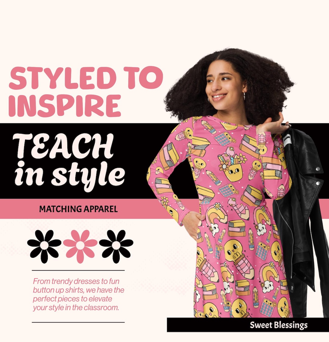 Groovy Spring Teacher Dress Ladies Women Teens - School Teacher Dresses with Pockets - Retro Pink Midi Dress with Adorable Patterns Groovy Spring Teacher Dress Ladies Women Teens - School Teacher Dresses with Pockets - Retro Pink Midi Dress with Adorable Patterns