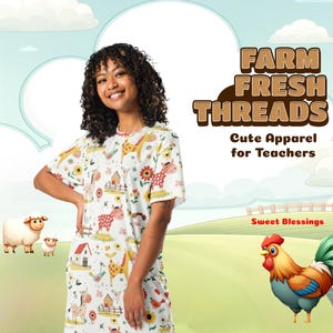 Farmyard Friends T-Shirt Dress for Ladies Teens – Elementary Kindergarten School Teacher Dresses – Cute Country Charm Horses Pigs Sheep