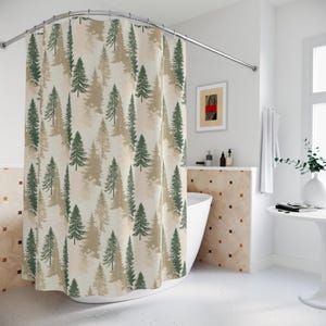 Gemütlicher Woodland Pines Duschvorhang - Rustikale Kiefern Naturliebhaber Badezimmer Dekor - Waldgrün Beige Falls erhältlich