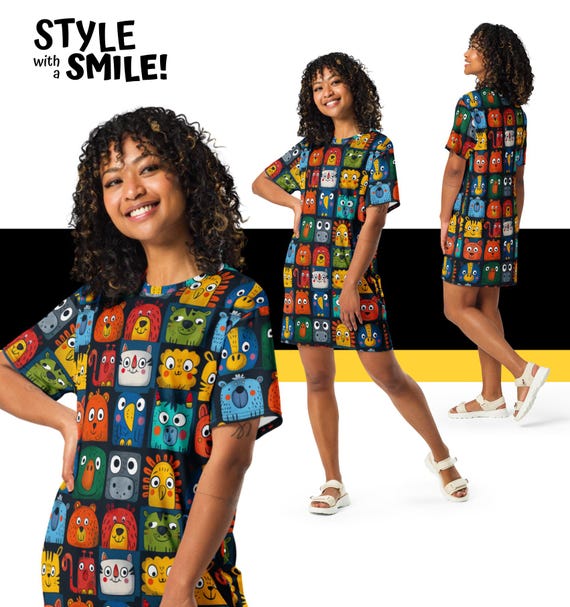 cartoon shirt dress Animal Block Party T-shirt Dress - Whimsical Cartoon Animal Graphic Tee  Dress for Women – Fun & Easy Style for Teachers and Teens
