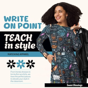 Math Science Chalkboard Doodles Dress for Teachers Ladies Women Teens - STEM Elementary Back to School Teacher Dresses with Pockets