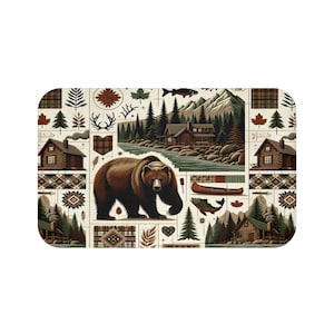 Rustic Cabin Bathmat - Nature-Inspired Bear Canoe and Cabin Design - Cozy Lodge Decor for AirBnB, Lake House, or Outdoor Retreat Gift