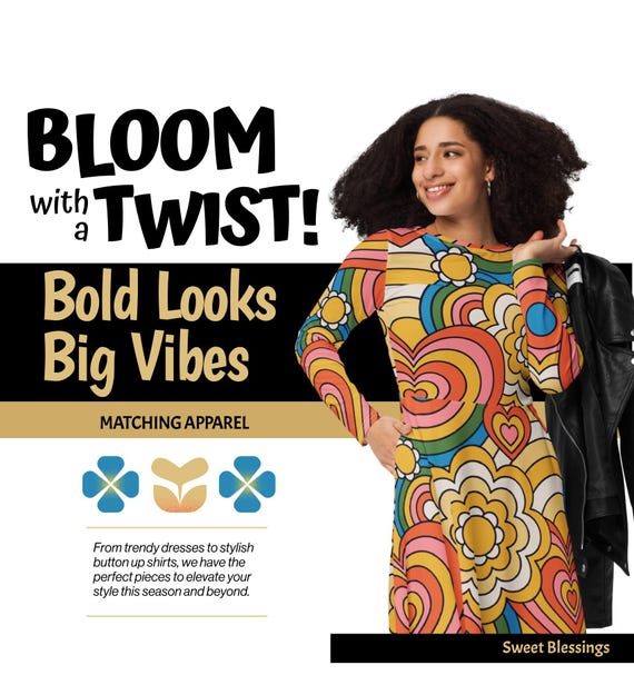 Groovy Retro Dress Ladies Women Teens - School Teacher Dress with Pockets - Flower Power Heart Print Midi Dress for Casual Outings Vacation Groovy Retro Dress Ladies Women Teens - School Teacher Dress with Pockets - Flower Power Heart Print Midi Dress for Casual Outings Vacation