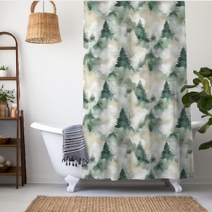 Beruhigender Waldnebel Duschvorhang - Gelassener Wald Naturliebhaber Badezimmerdekor - Weiches Grün Beige Hüttenstil für Hauptgeschenk oder Airbnb