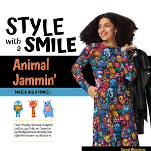 Vestido midi con estampado animal para mujer: divertido y caprichoso estampado de jungla con coloridas criaturas de safari. Elegante vestido de manga larga para profesoras.
