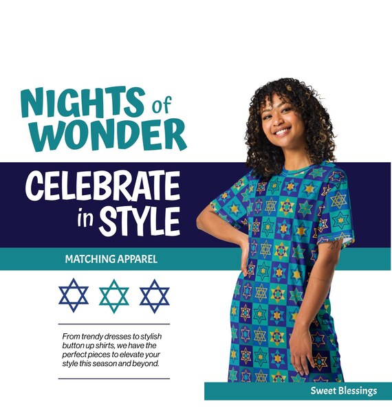 Hanukkah Festival of Lights Dress Women Teens Ladies - Perfect Teacher Hanukkah T-Shirt Dress - Blue Teal Star of David Pattern