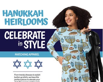 Peut inclure: Une robe bleu clair ornée de motifs de menorahs, de beignets et de toupies. Le texte "HANUKKAH HEIRLOOMS" et "CELEBRATE in STYLE" est affiché. La phrase "Sweet Blessings" est également visible.
