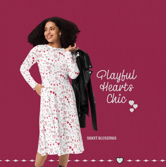 Valentines Love Hearts Flowers Dress Ladies Women Teens - School Teacher Dress with Pockets - Perfect for Wedding Bridal Showers Engagements
