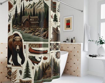 May include: A beige shower curtain with a woodland pattern. The pattern includes a bear, a canoe, a cabin, trees, and fish. The background is a light beige color.