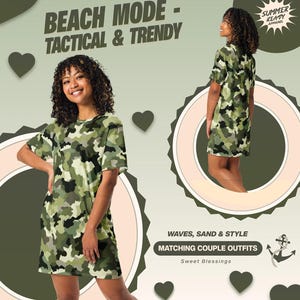 Fun Camo Couture Short-Sleeve T-Shirt Dress Ladies Teens -Trendy Camouflage Dress Women - Streetwear Sporty Chic Style - Matching Couples