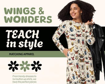 Insect Print Dress for Teachers Ladies Women Teens - Science School Earth Day Teacher Dresses with Pockets - Bug-Themed Garden Fun