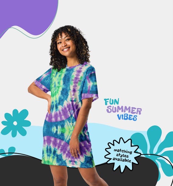 Electric Groove Tie-Dye T-Shirt Dress Ladies Teens - Trendy Summer Dress - Bold Retro Swirl for Cruise Beachwear or Vacation Travel Electric Groove Tie-Dye T-Shirt Dress Ladies Teens - Trendy Summer Dress - Bold Retro Swirl for Cruise Beachwear or Vacation Travel
