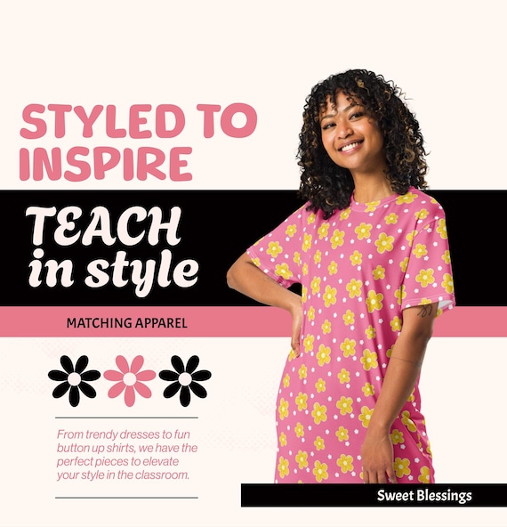 Springtime Bloom T-Shirt Dress Women Teens Ladies - Vibrant Pink Yellow Groovy Vibes Floral Dress for Teachers - Trendy Valentines Apparel