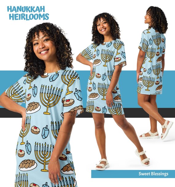 hanukkah party dress code Hanukkah Celebration T-Shirt Dress Women Ladies Teens Teachers - Blue Dress with Menorah Dreidel Pattern