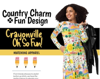 Crayonville Country Charm Midi-Length Dress Ladies Women Teens - Funky Fun School Dress - Preschool Kindergarten Elementary School Teachers