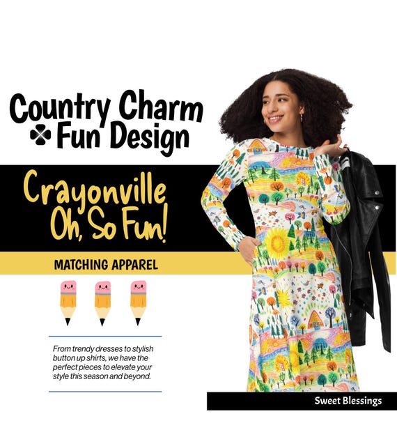 Crayonville Country Charm Midi-length Dress Ladies Women Teens - Funky Fun  School Dress - Preschool Kindergarten Elementary School Teachers - Etsy