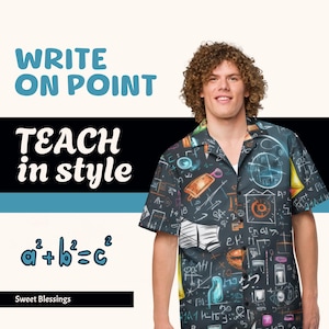 Fun Teacher Chalkboard Hawaiian Shirt for Men - Math Science Doodles Button Up Shirt for Teachers Professors and Education Enthusiasts