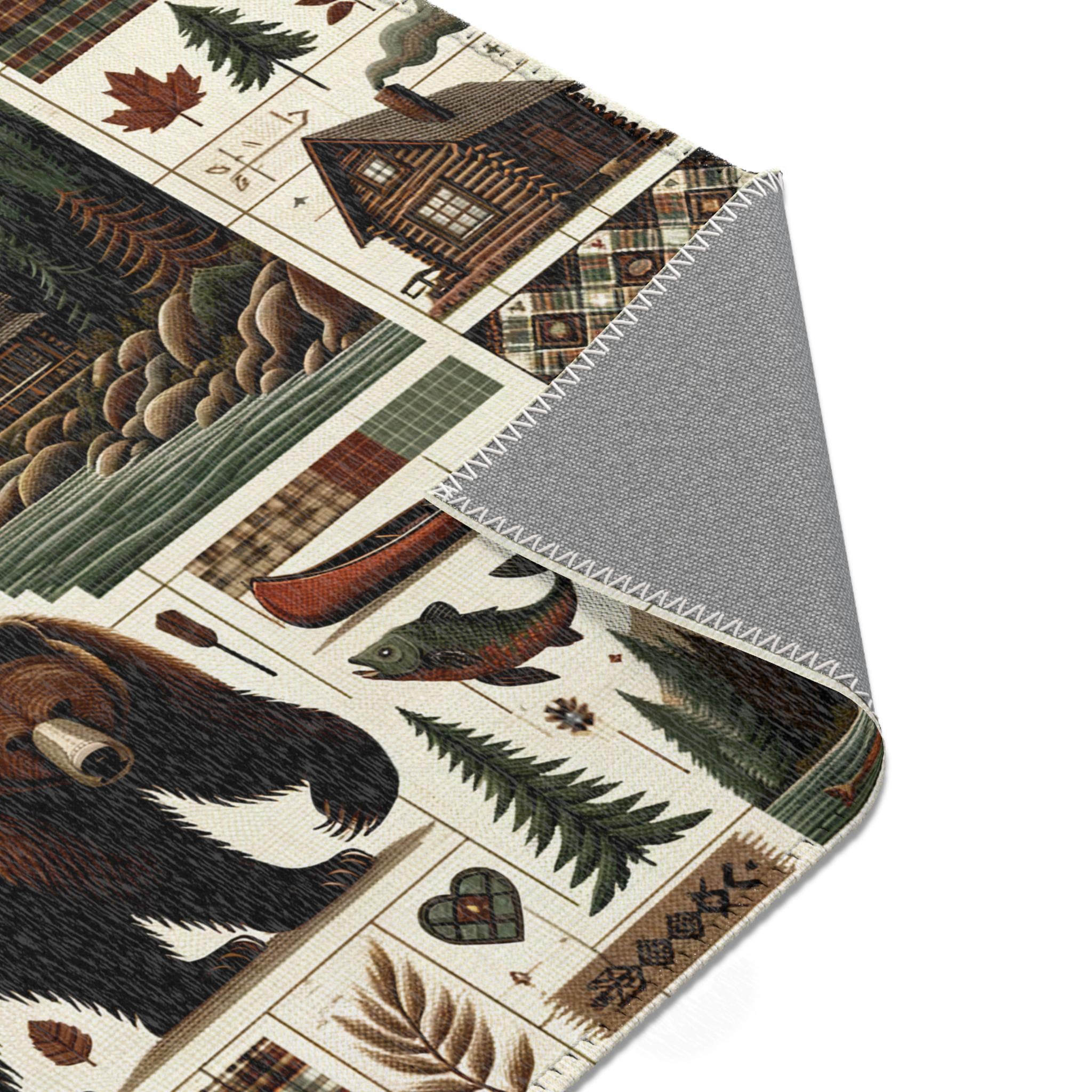 Cabin Styel Rug Rustic Cabin Area Rug - Bear Canoe and Forest Scene - Cozy Lodge Style ...