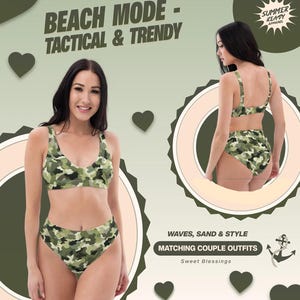 Fun Camo Couture High-Waisted Bikini - Trendy Two-Piece Swimsuit for Women – Stylish Camouflage Beach Swimwear - Matching Couples